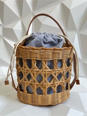 J. McLaughlin Wicker Handbag Natural Woven Rattan Bucket Bag Drawstring Closure